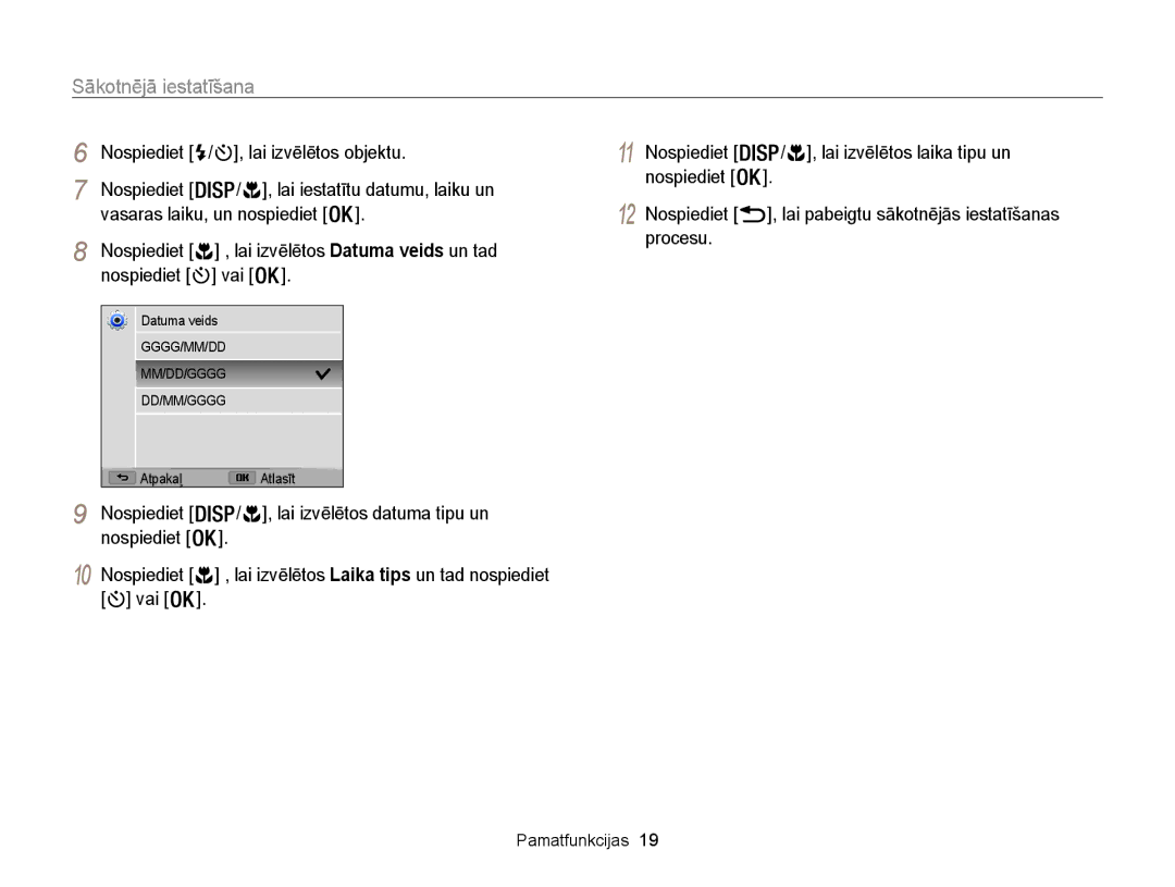 Samsung EC-WB100ZBABE2 Sākotnējā iestatīšana, Nospiediet / , lai izvēlētos objektu,  / , Vasaras laiku, un nospiediet 